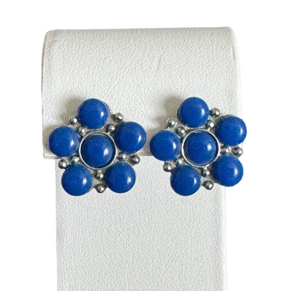 Blue Silver Tone Metal Dot Flower Stud Post Earrings